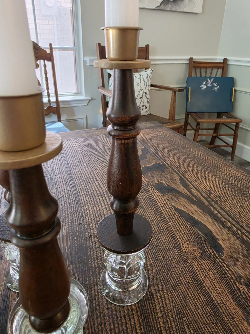 Set of 5 taper candlestick holders with turned wood stems, gold-tone brass cups